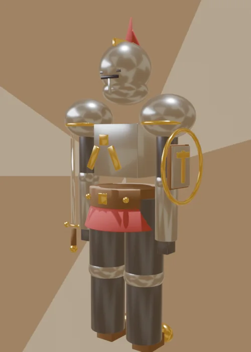 Knight, version 1: a rounded chrome figure with a red crest and a gold cross on its shield, on a tan backdrop