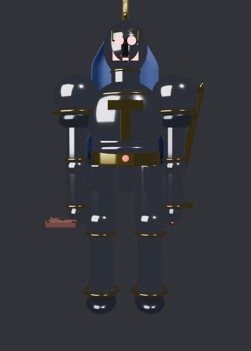 Knight, version 2: dark armour with a gold T emblem and a blue plume, captured in the Blender viewport