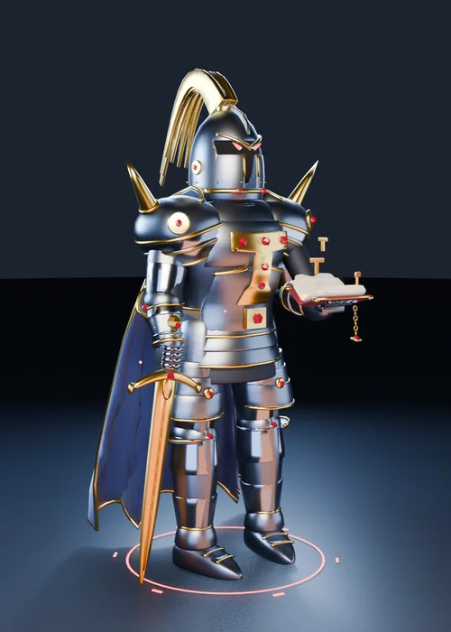 Knight, version 3: silver plate outlined in gold trim, a swept golden plume, a blue cape, a sword and an open book