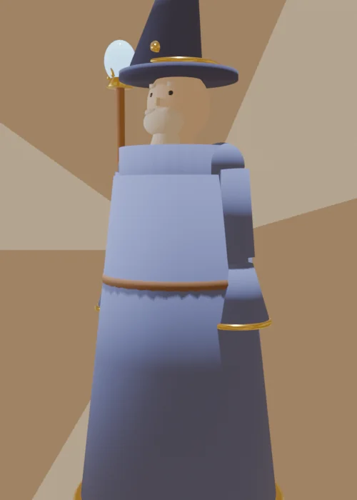 Mage, version 1: a blocky pale-blue figure with a pointed hat and a simple staff, on a tan backdrop
