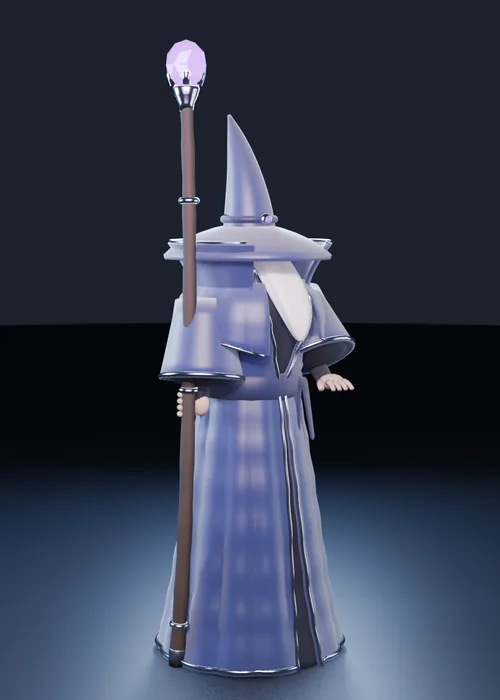 Mage, version 2: a pale blue robed figure with a pointed hat and a plain staff, rendered on a lit stage