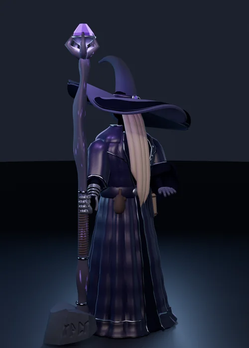 Mage, version 3: the same figure with a gnarled, kinked staff and a stone plinth, lit on a dark stage