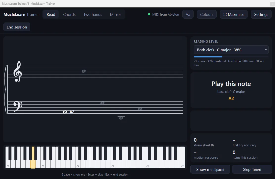 MusicLearn Trainer open inside Ableton Live 12: a grand staff asking for a bass-clef A2, a piano keyboard with the played key highlighted, and a reading-level panel showing 38 percent mastered