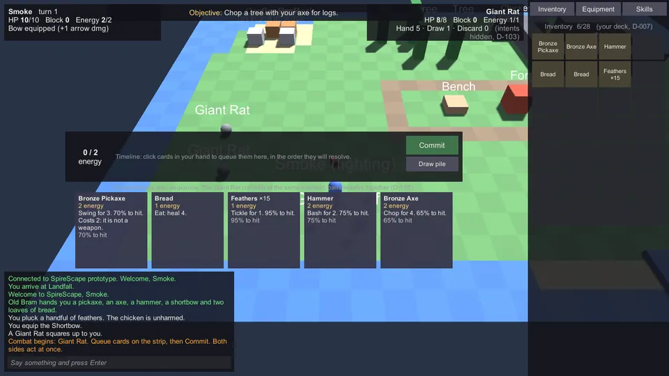 Spirescape prototype: turn one of a fight with a giant rat, a hand of five cards drawn from the carried items, a timeline strip and a Commit button
