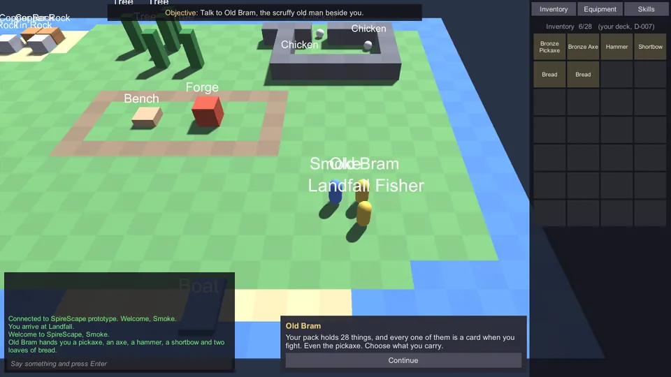 Spirescape prototype: a dialogue box from Old Bram with the starter kit already sitting in the inventory