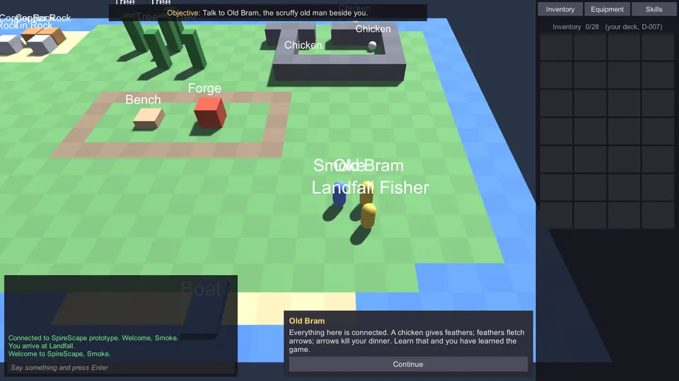 Spirescape prototype: a green tile grid with a river, wandering chickens, Old Bram beside the spawn, an objective bar and a 28-slot inventory panel