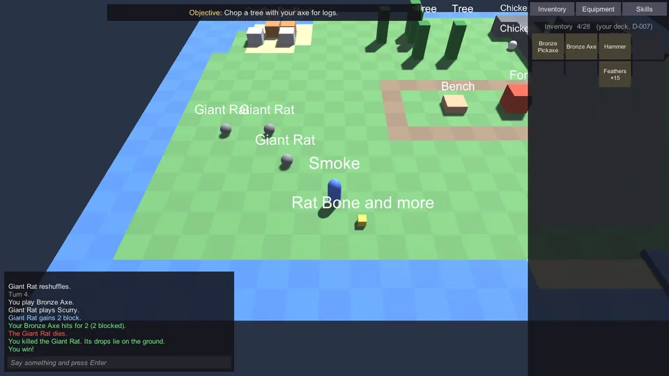 Spirescape prototype: the rat is dead, the fight log shows each turn, and a drop pile of rat bone and more sits on the ground